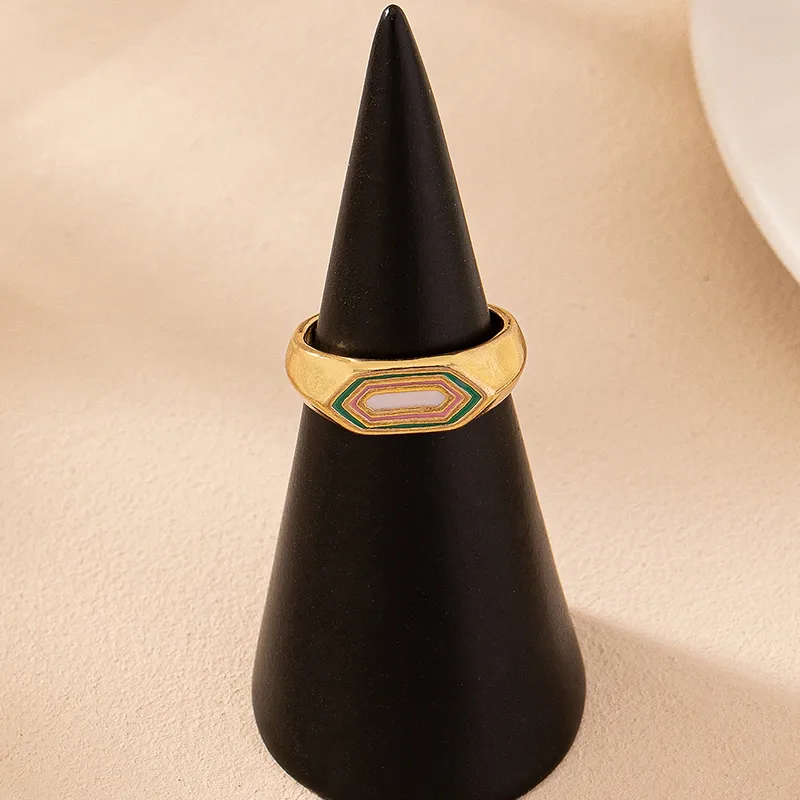 Retro Simple Style Hexagon Alloy Zinc Enamel Plating Ring
